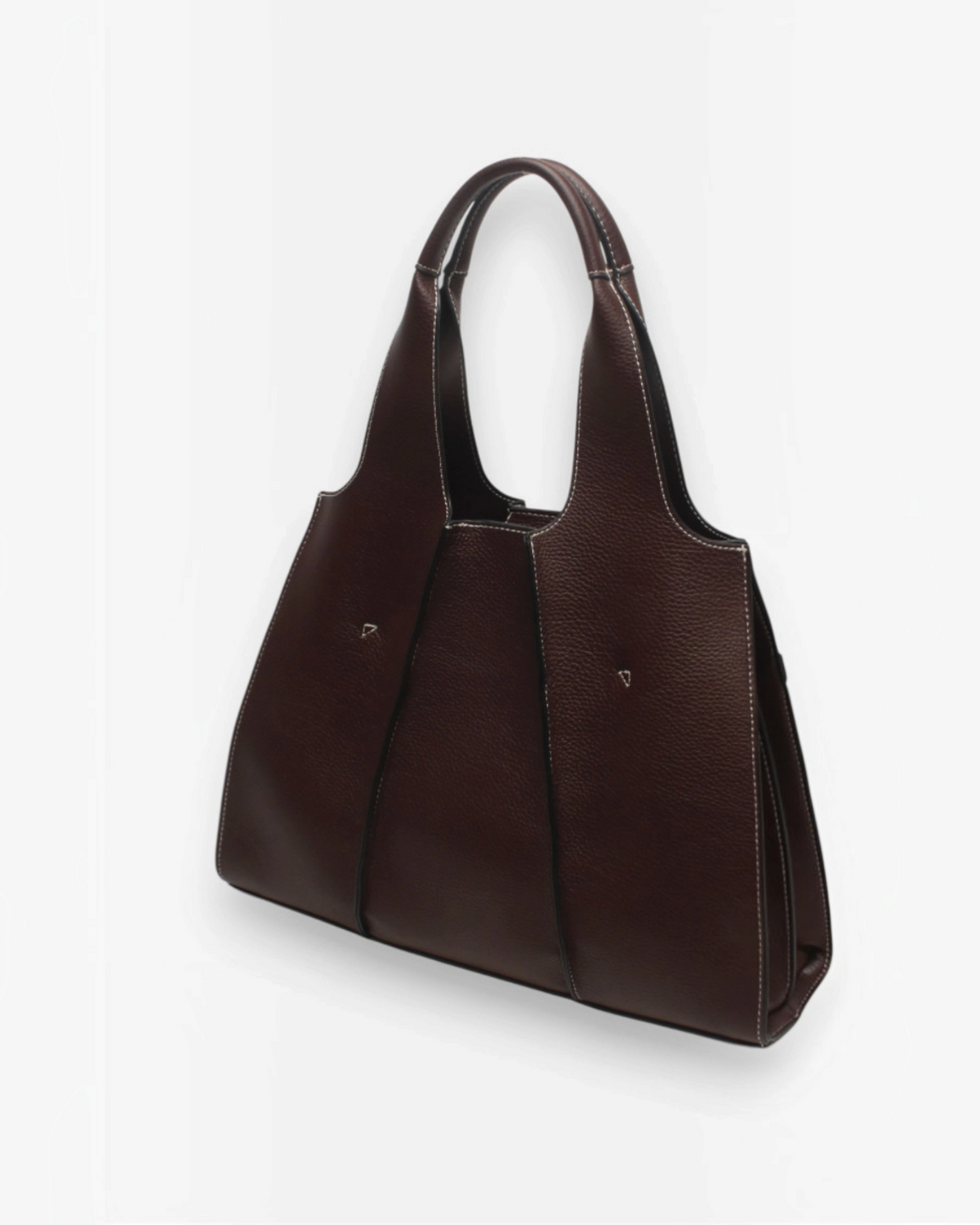 Sac cabas BROCK BESTINI marron en cuir grainé avec surpiqûres contrastantes, porté épaule et bandoulière