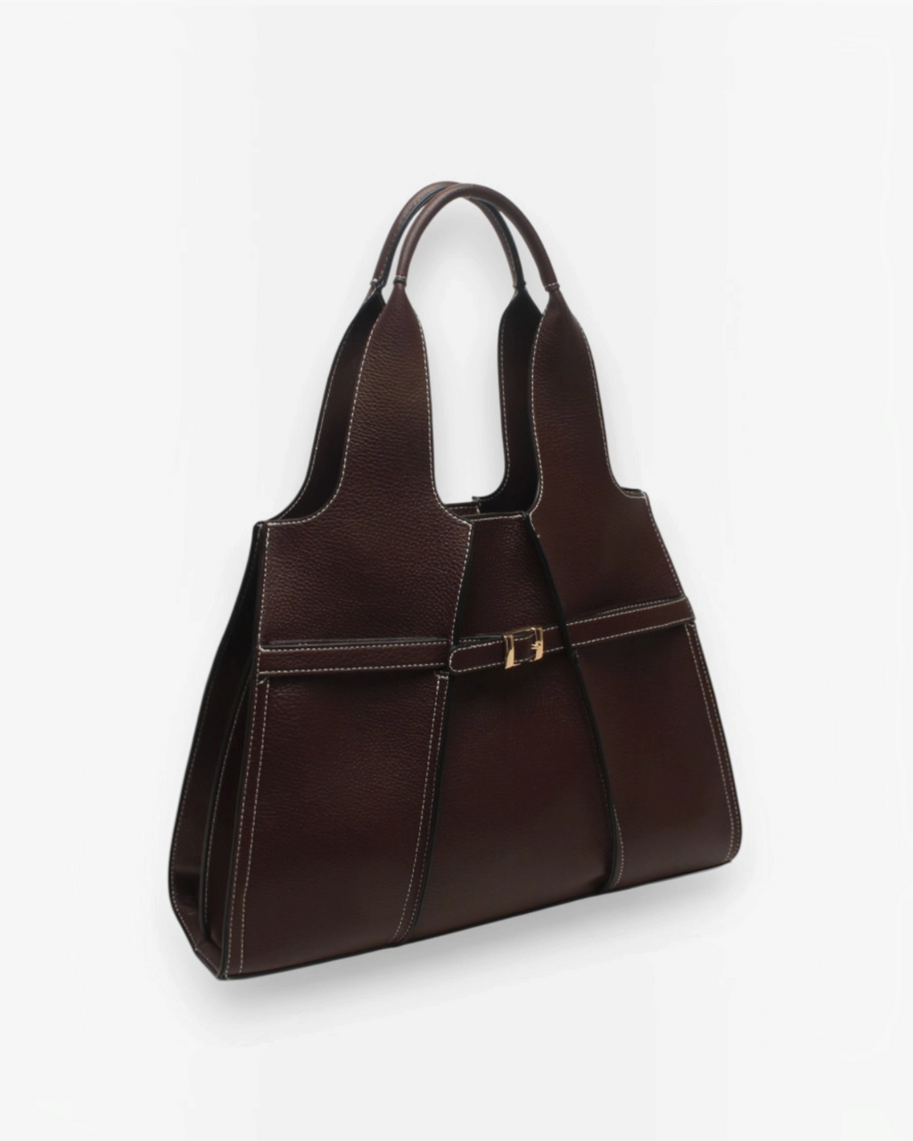 Sac cabas marron BROCK BESTINI avec surpiqûres blanches, fermoir décoratif, anses épaule et bandoulière amovible.