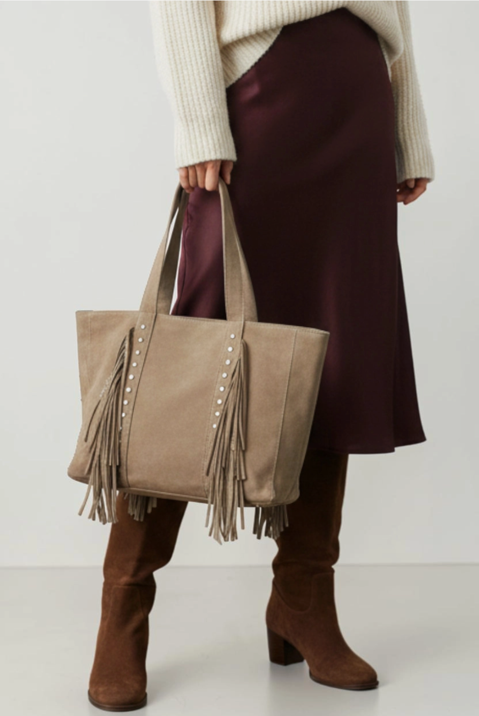 Sac cabas zippé effet suédine à franges BESTINI