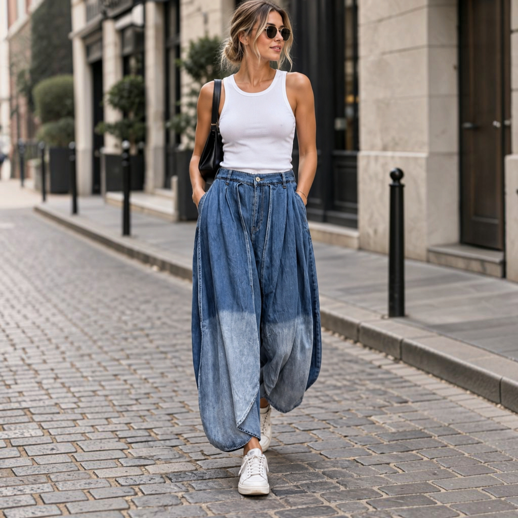 Femme portant un jean ballon oversize bleu délavé à plis de la marque BROCK, associé à un débardeur blanc