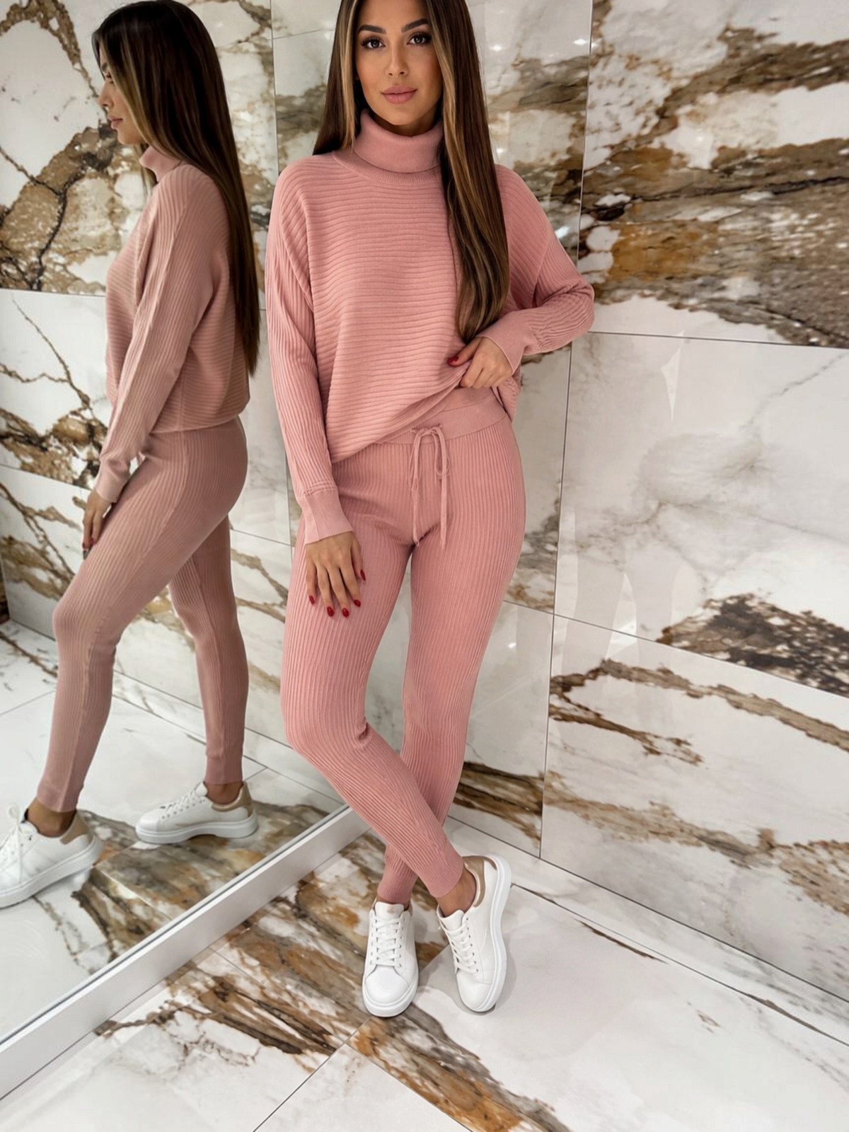 Ensemble BROCK deux pièces en maille côtelée rose avec pull col roulé et legging ajusté à cordon de serrage