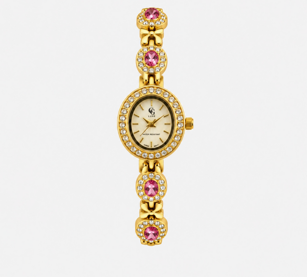 Montre Bruna dorée à boîtier ovale et bracelet orné de pierres FASHION TIME