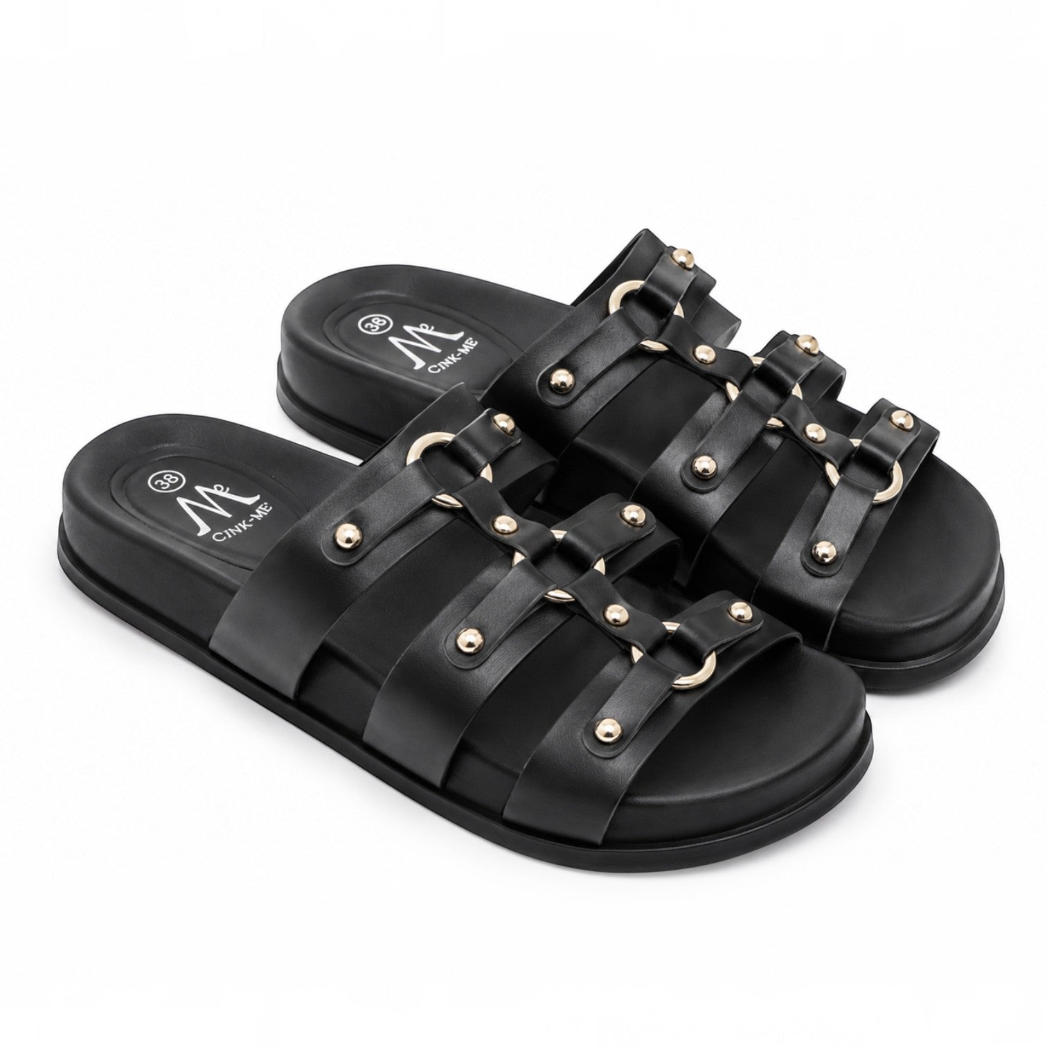 Claquettes Femme Noires Brides Dorées CINK-ME