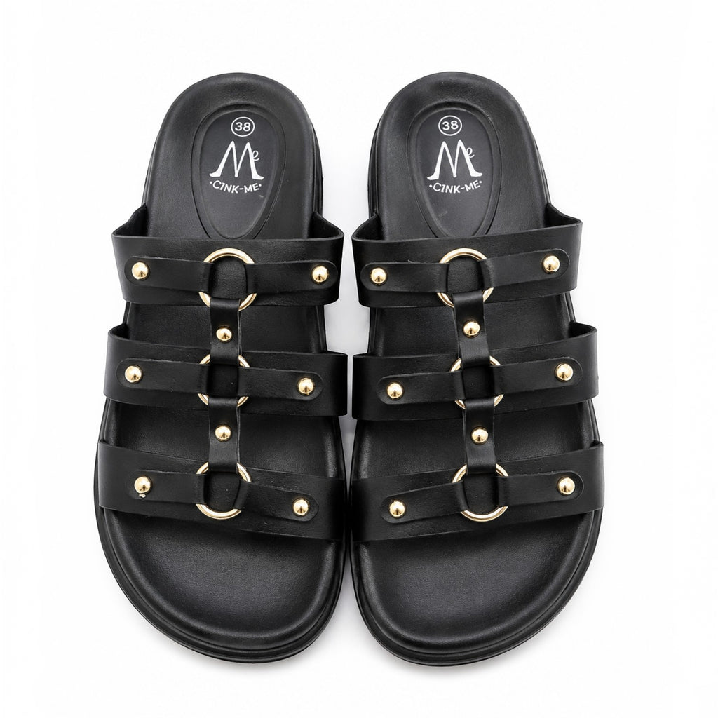 Claquettes Femme Noires Brides Dorées CINK-ME