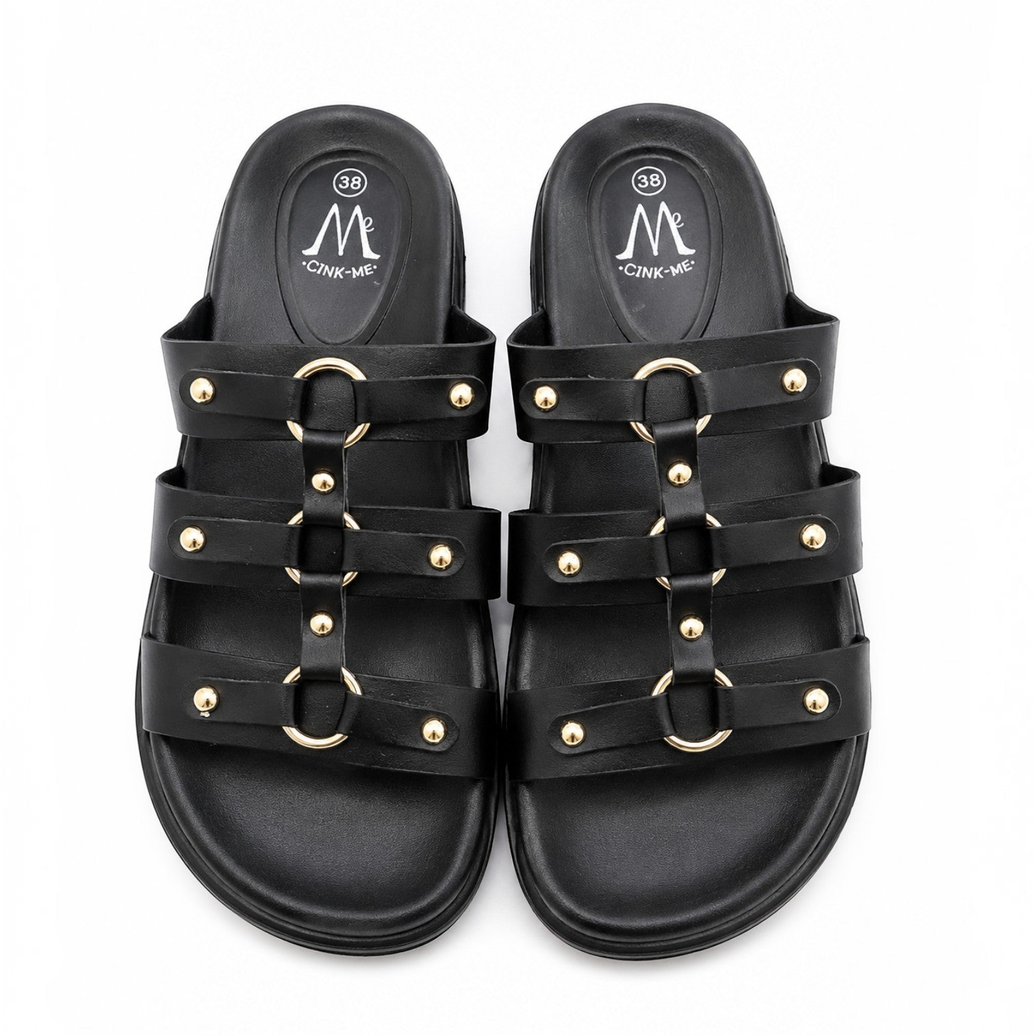 Claquettes Femme Noires Brides Dorées CINK-ME