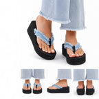 Tongs compensées femme en denim effiloché – Noires &amp; Bleu jean