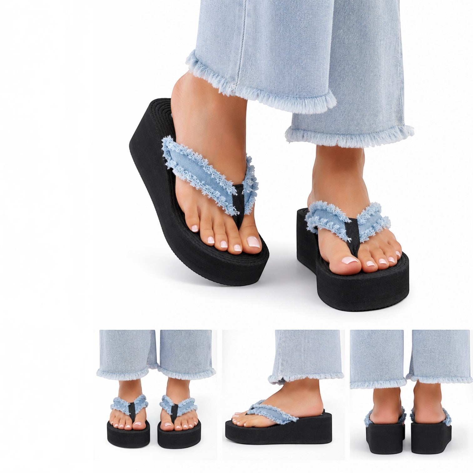 Tongs compensées femme en denim effiloché – Noires &amp; Bleu jean