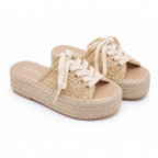 Claquettes Espadrilles Plateforme Beige à Lacets JOIA