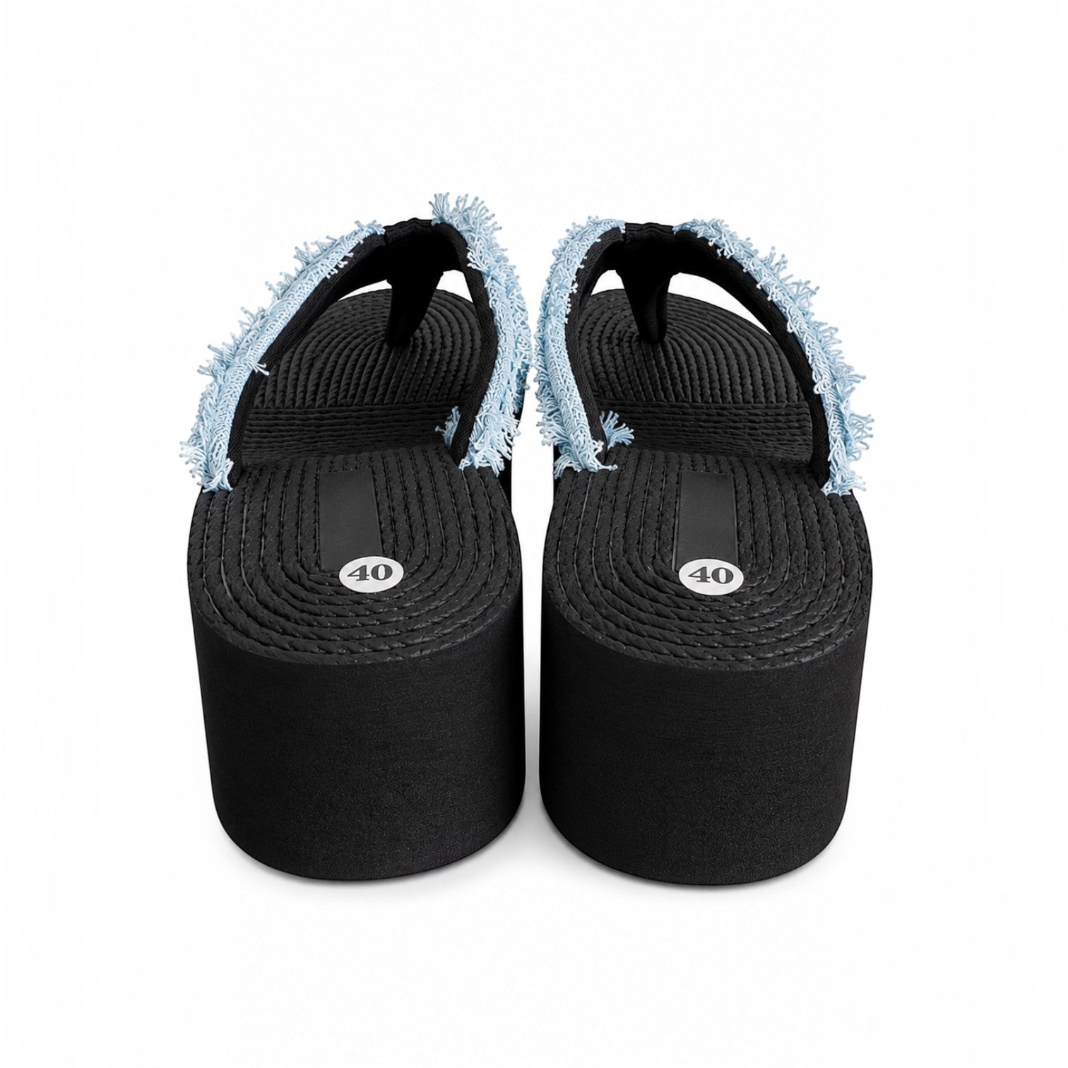 Tongs compensées femme en denim effiloché – Noires &amp; Bleu jean
