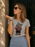 T-Shirt Gris Chiné Femme Boxing Cat WOOOP