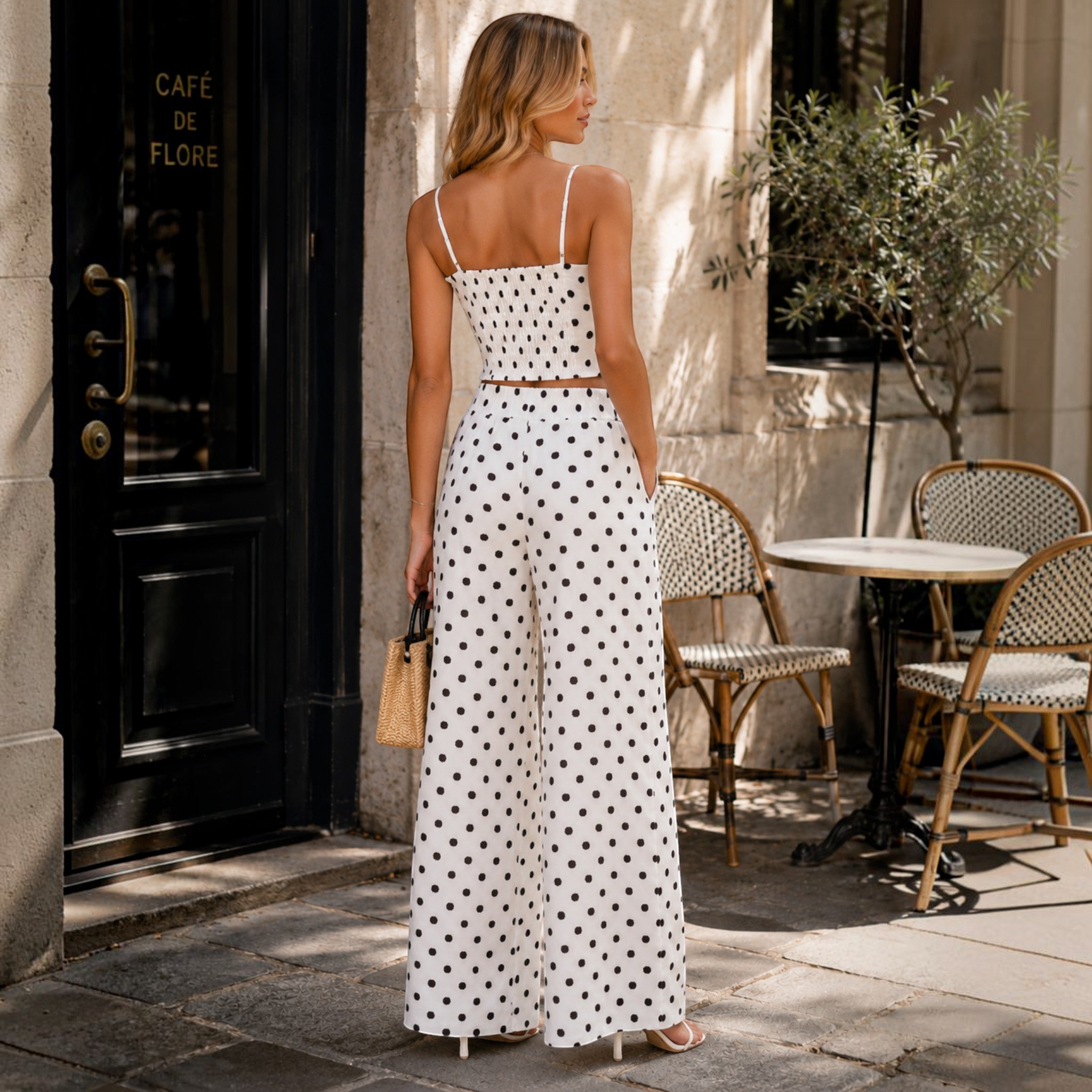 Ensemble deux pièces à pois top et pantalon fluide BELLAVIE