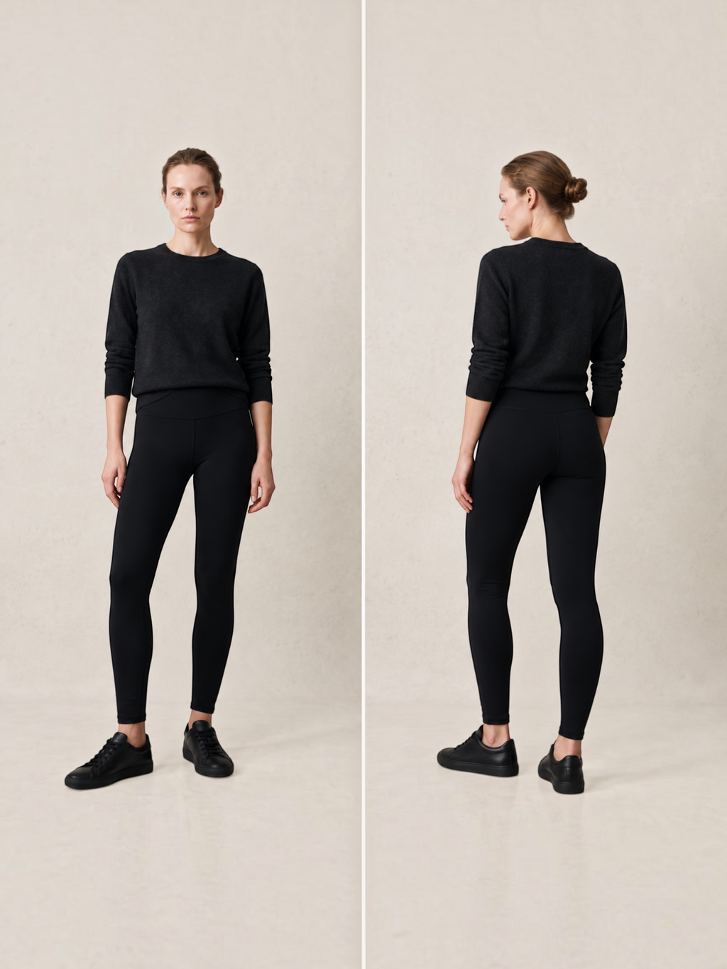 Modèle portant le legging taille haute épais noir BROCK, vue de face et de dos, idéal pour l'automne et l'hiver.