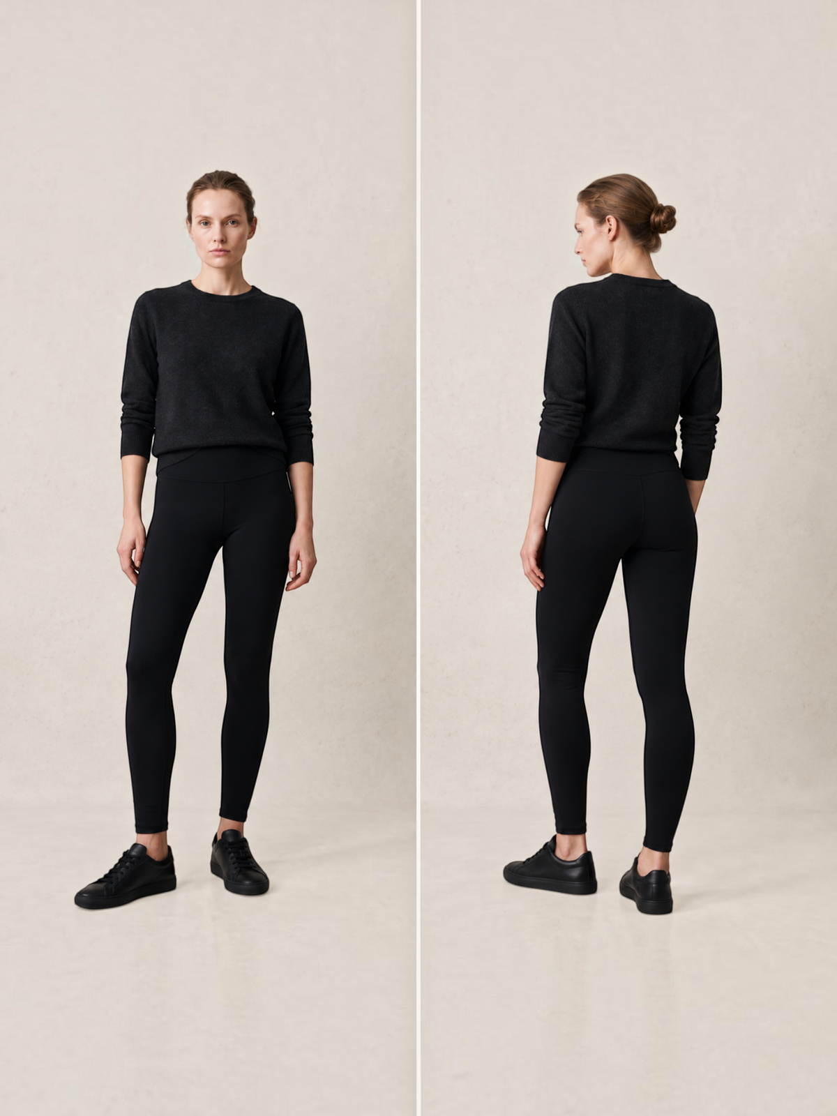 Modèle portant le legging taille haute épais noir BROCK, vue de face et de dos, idéal pour l'automne et l'hiver.