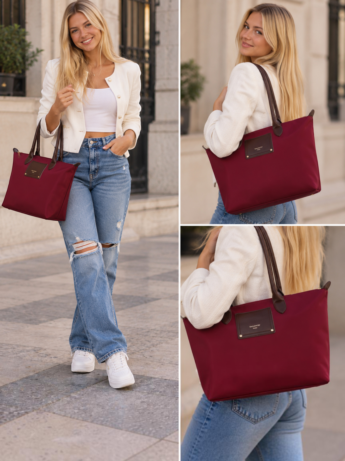 Femme portant un sac cabas BROCK GALLANTRY bordeaux avec anses marron et détails dorés dans un cadre urbain.