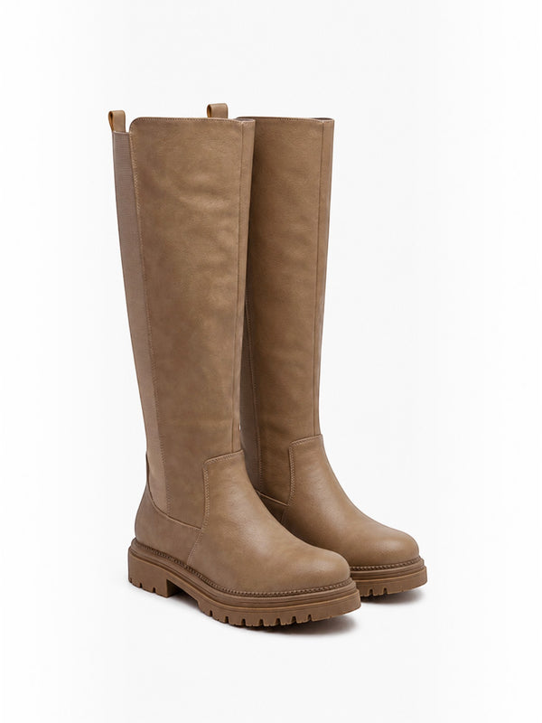 Bottes Hautes Plateforme Crantée PU Aspect Cuir Zip Latéral – LADY GLORY