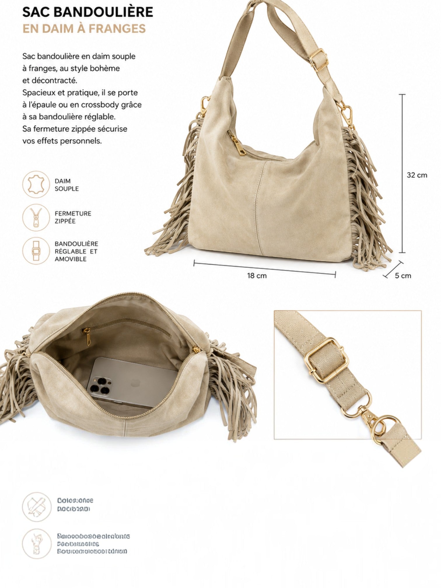 Sac bandoulière en daim à franges
