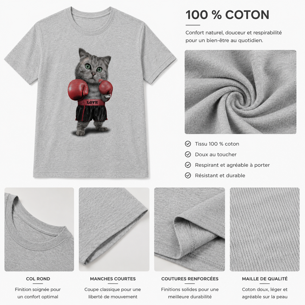 T-Shirt Gris Chiné Femme Boxing Cat WOOOP