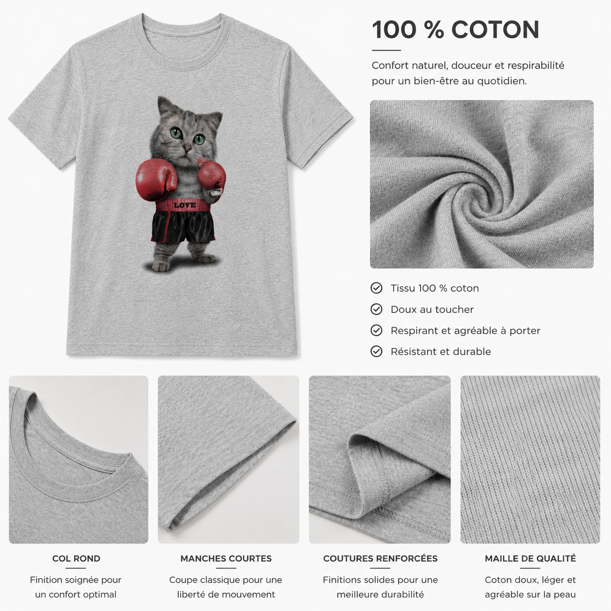 T-Shirt Gris Chiné Femme Boxing Cat WOOOP