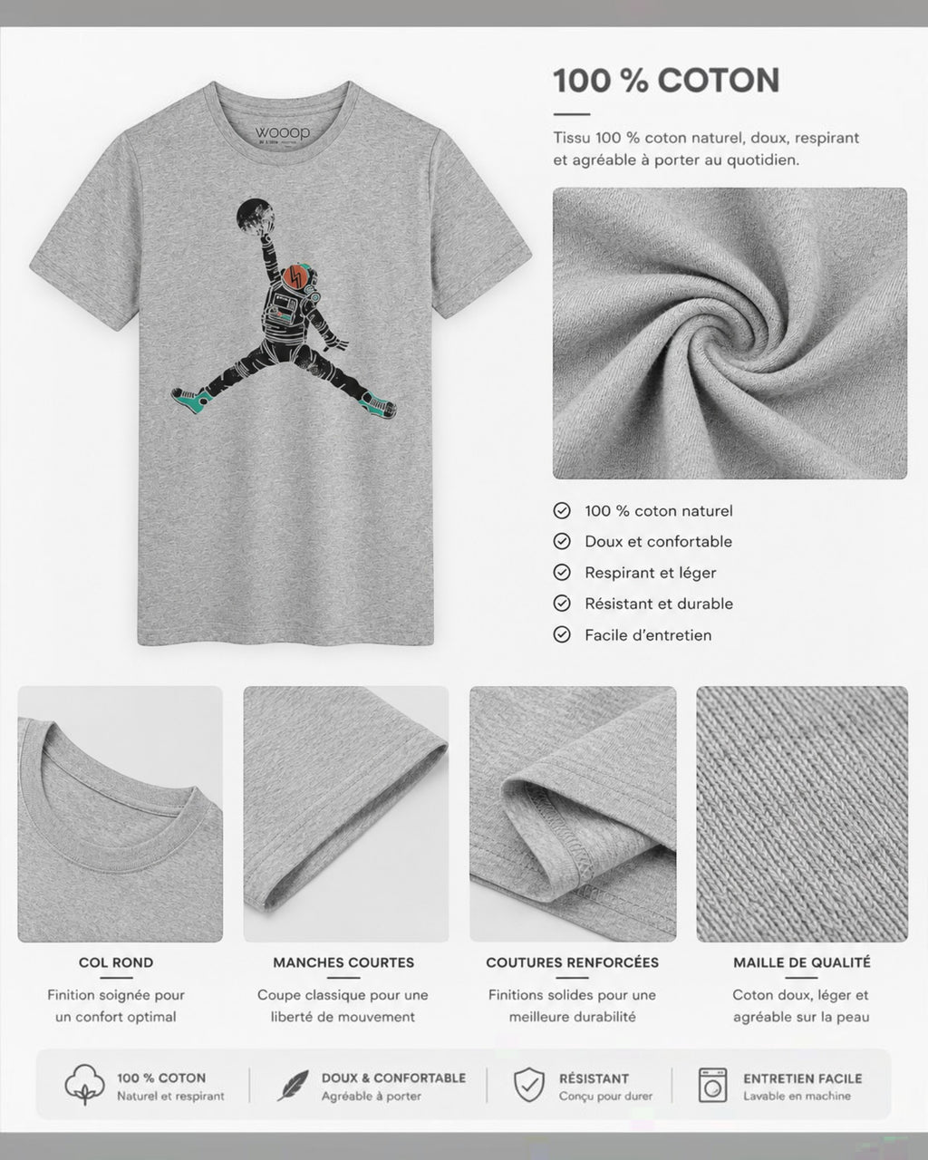 T-shirt Gris Chiné Homme Space Dunk WOOOP - T-shirts - WOOOP