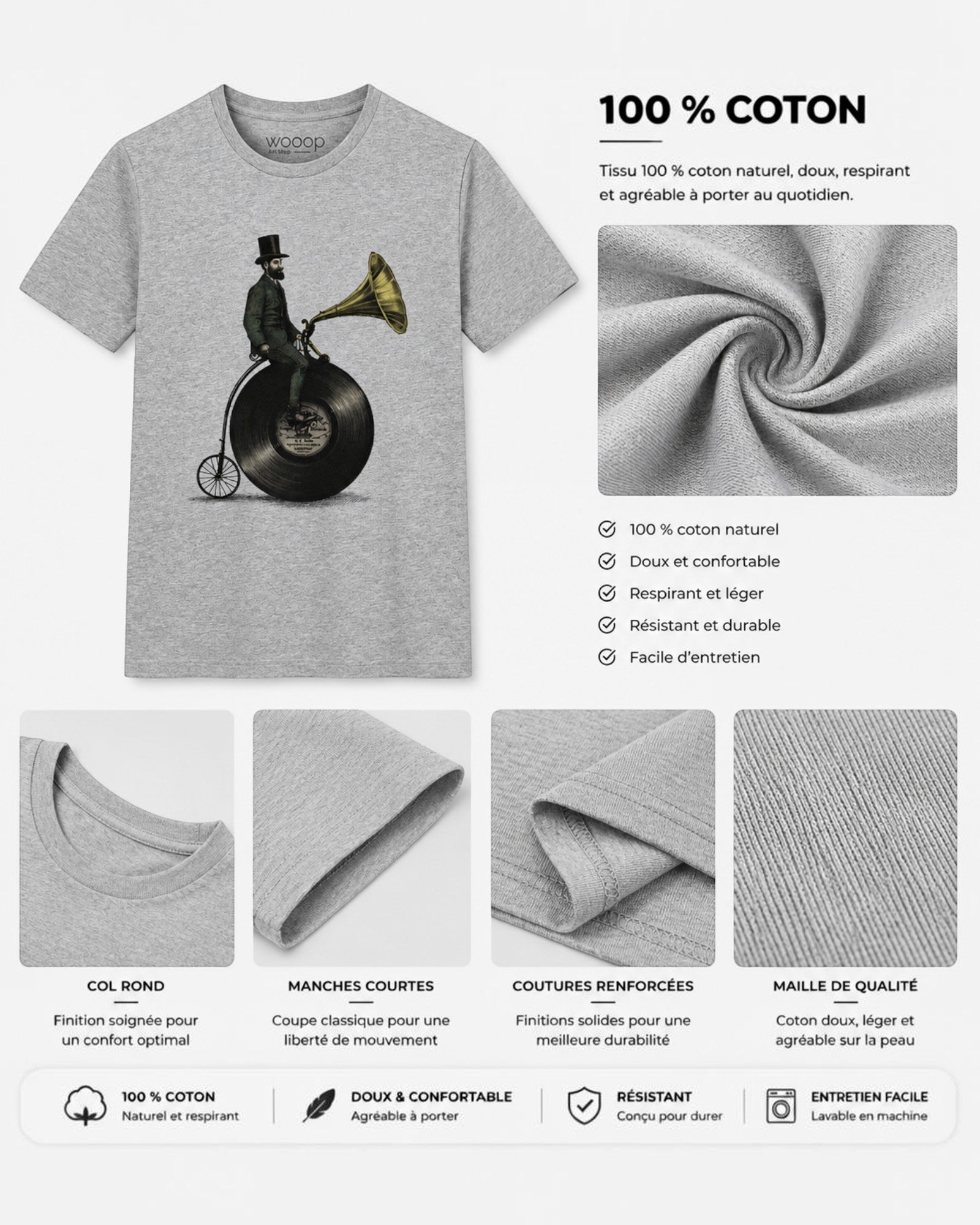 T-shirt Gris Chiné Homme Music Man WOOOP