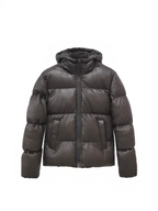 BROCK men's dark brown faux leather puffer jacket with a hood and full zip closure