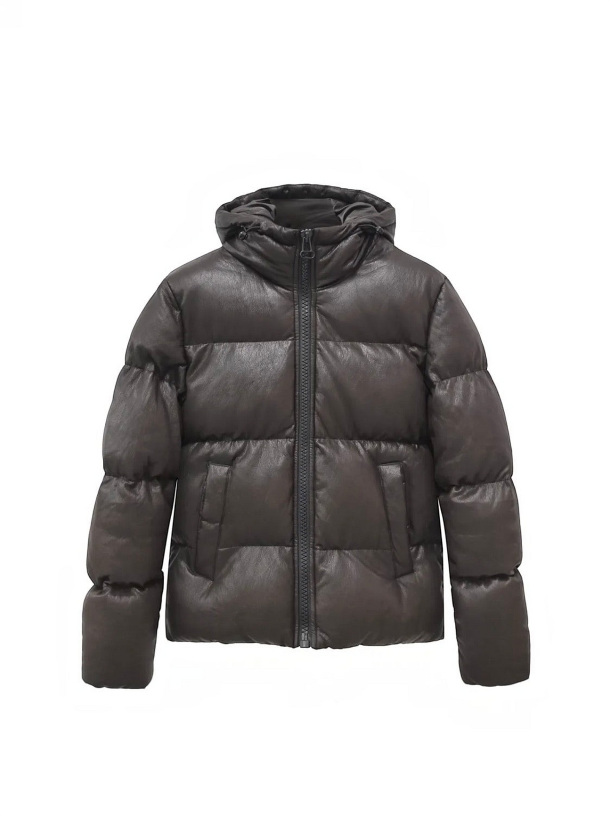 BROCK men's dark brown faux leather puffer jacket with a hood and full zip closure