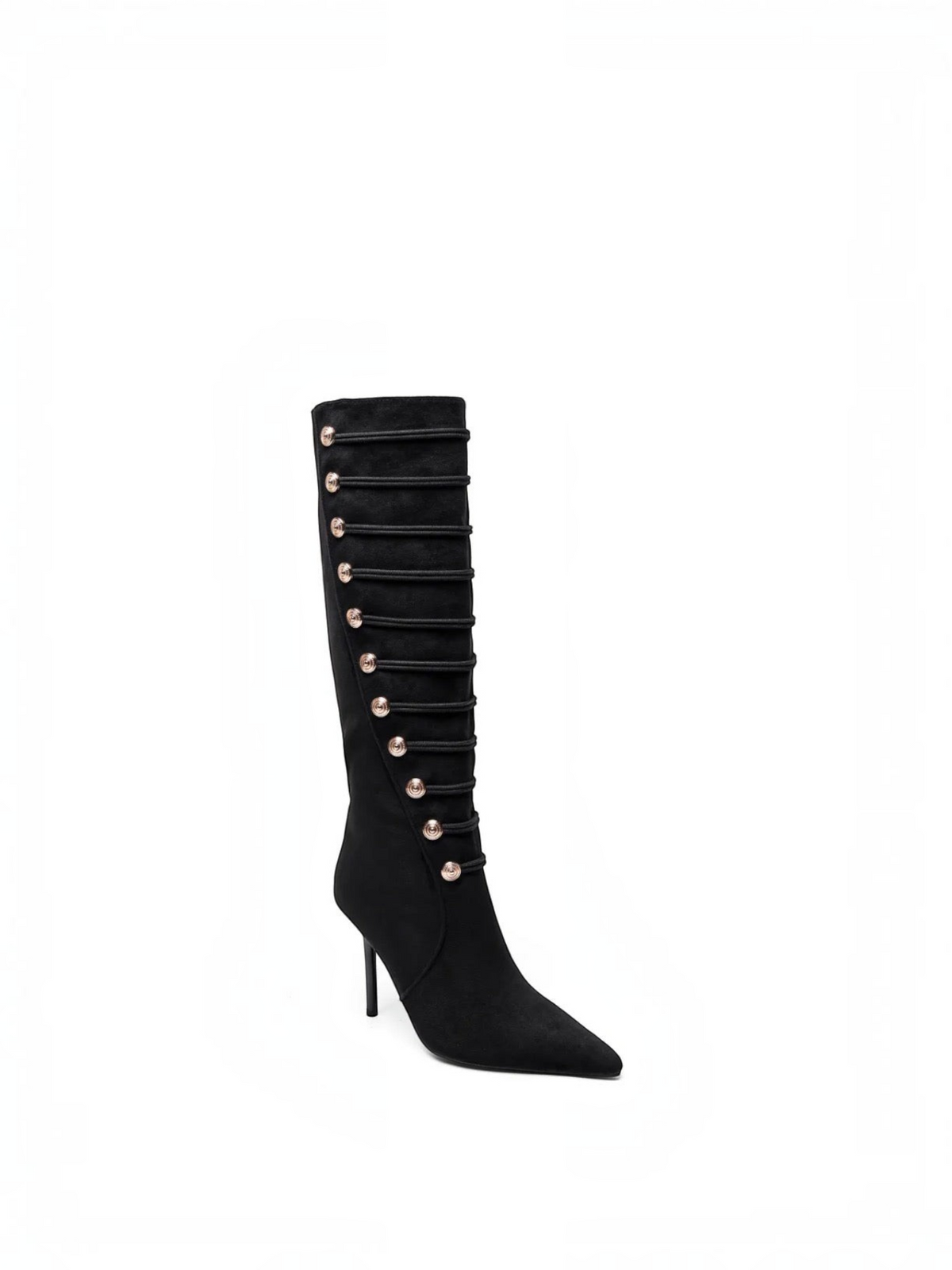 Bottes hautes BROCK en velours noir avec détails de boutons dorés et talon aiguille élégant