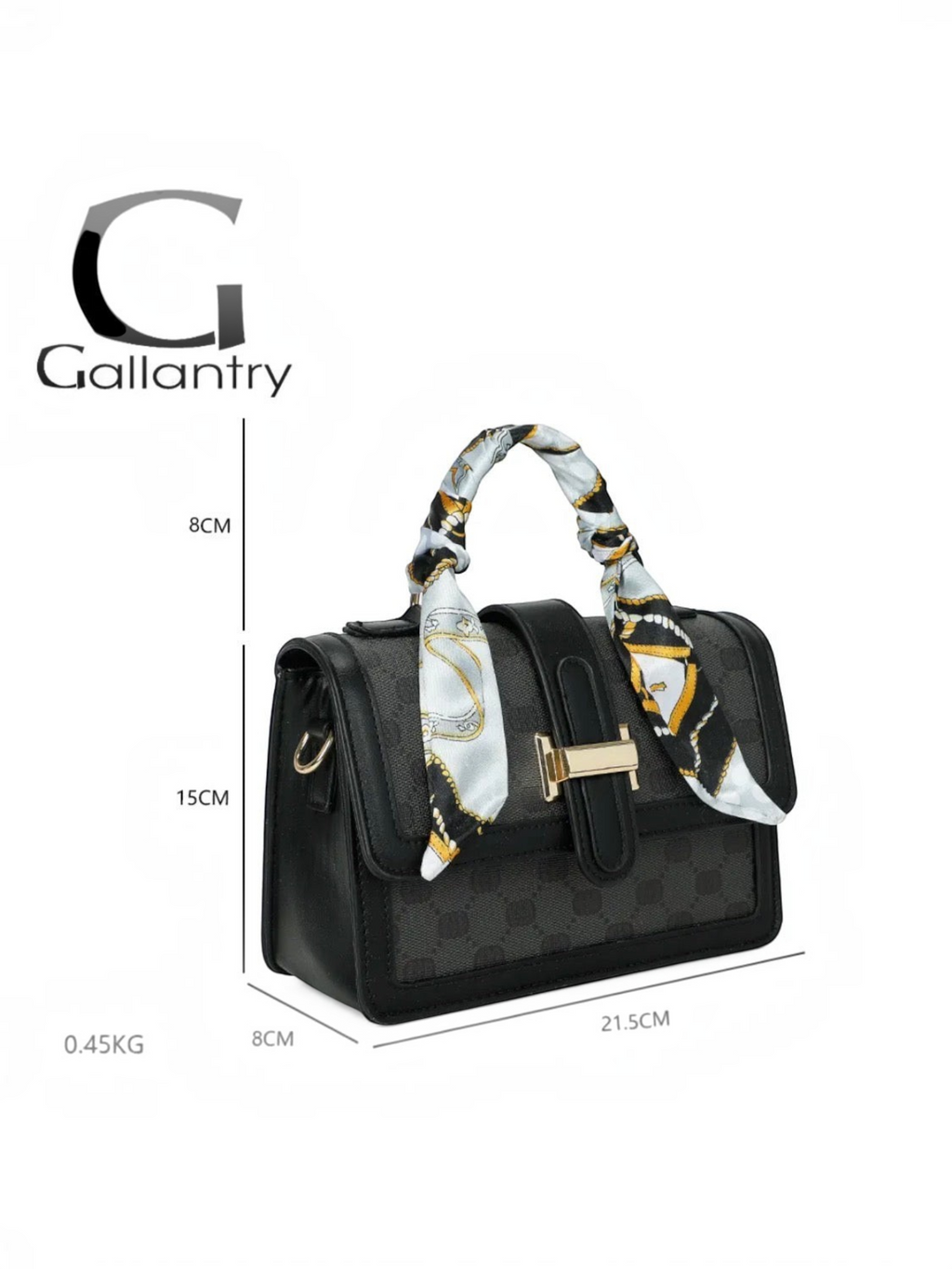 Sac à main noir BROCK GALLANTRY avec motif monogramme, fermoir doré et foulard décoratif noué sur la poignée