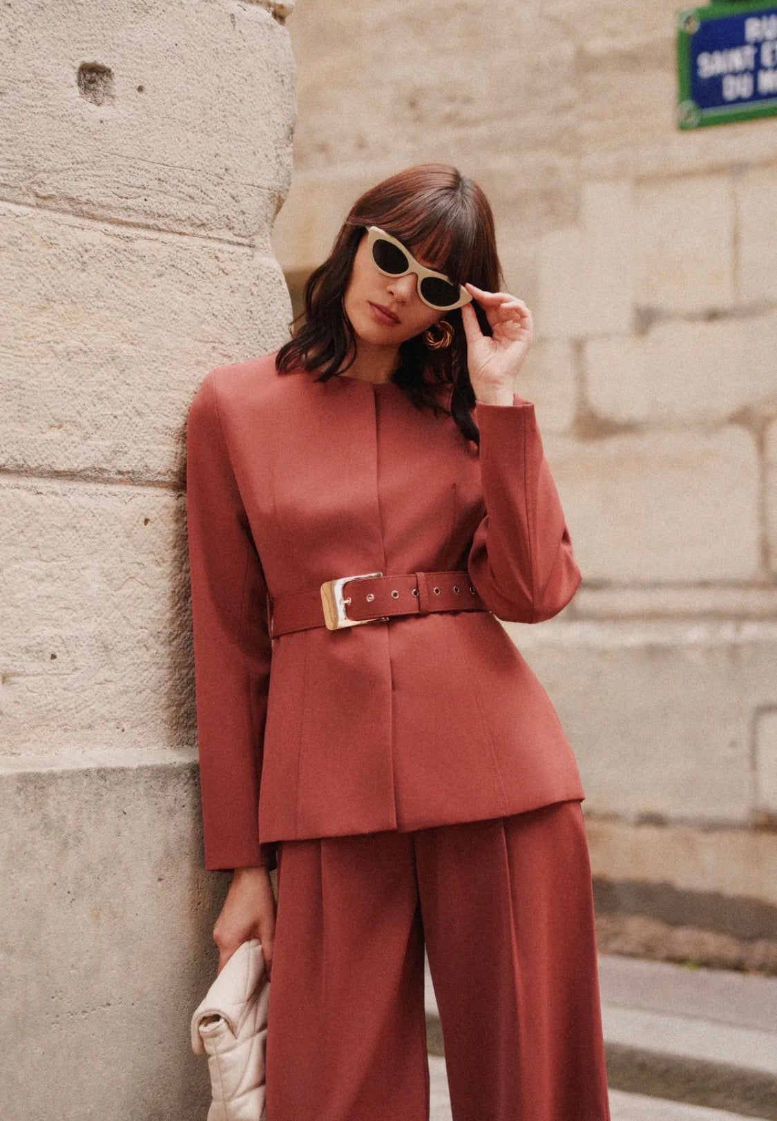 Ensemble pantalon fluide et veste ceinturée FRIME