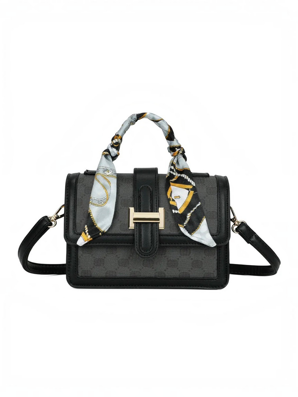 Sac à main noir BROCK GALLANTRY avec motif monogramme, fermoir doré et foulard décoratif noué sur la poignée.