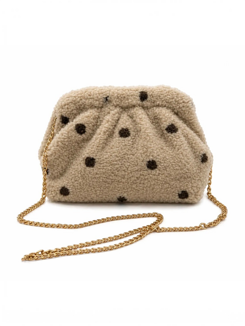 Pochette BROCK GALLANTRY en moumoute beige à pois marron avec chaîne dorée, style cosy et tendance