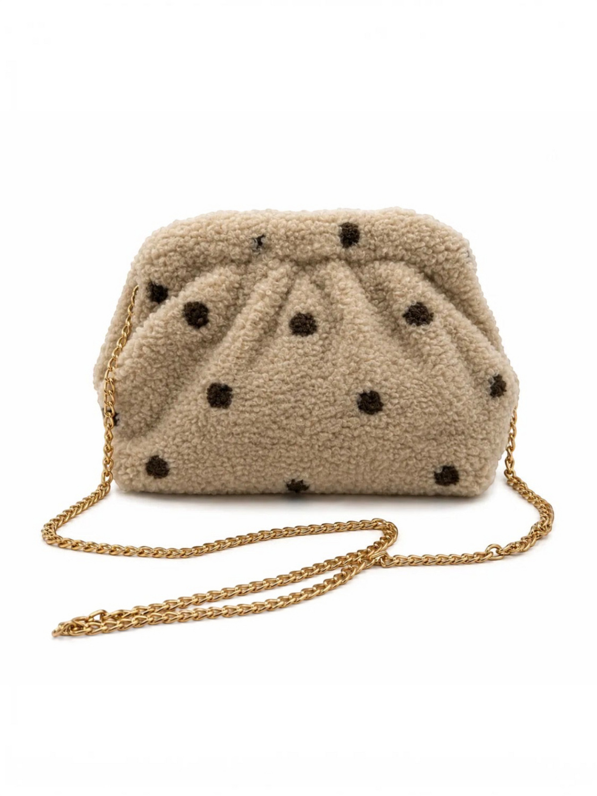 Pochette BROCK GALLANTRY en moumoute beige à pois marron avec chaîne dorée, style cosy et tendance