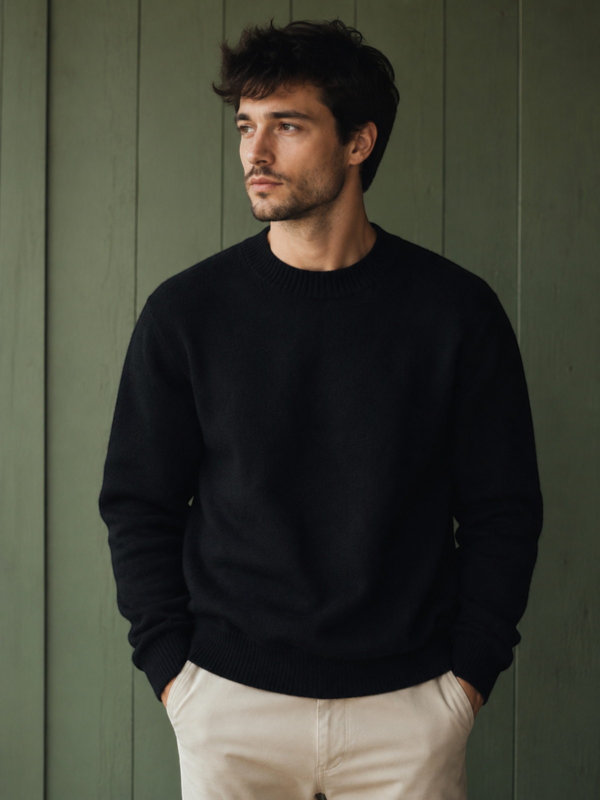 Man wearing a black BROCK KZ DIFFUSION wool blend sweater with a crew neck against a green wooden wall