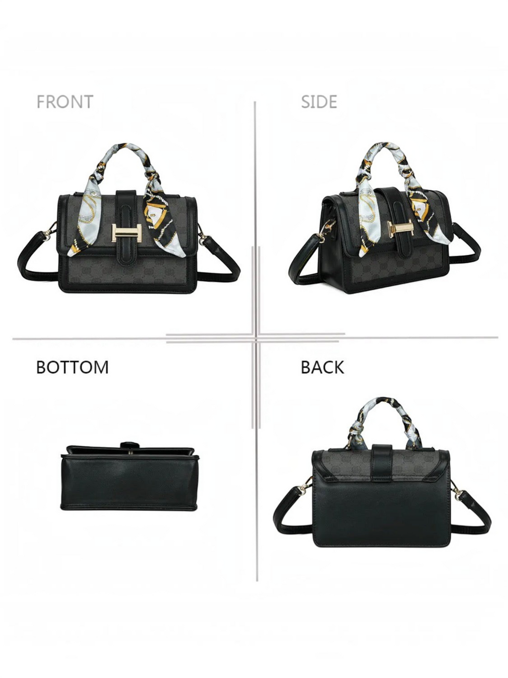 Sac à main noir BROCK GALLANTRY avec motif monogramme, poignée ornée d'un foulard et bandoulière amovible