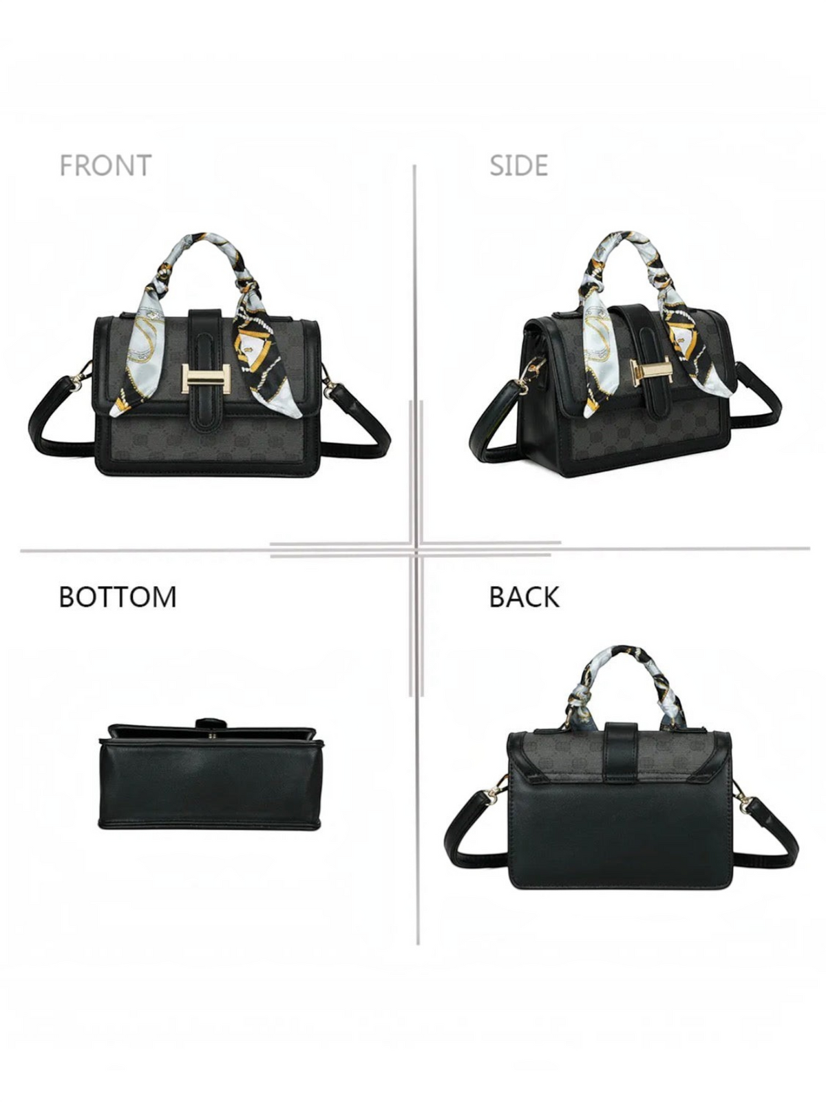 Sac à main noir BROCK GALLANTRY avec motif monogramme, poignée ornée d'un foulard et bandoulière amovible