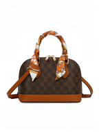 Sac à main BROCK GALLANTRY en simili cuir brun à motif monogramme avec foulard satiné sur les anses rigides