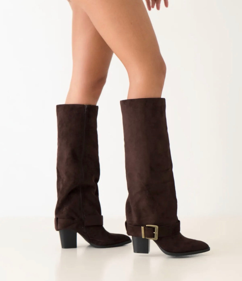 Bottes hautes en velours à boucle et talon large STEPHAN PARIS