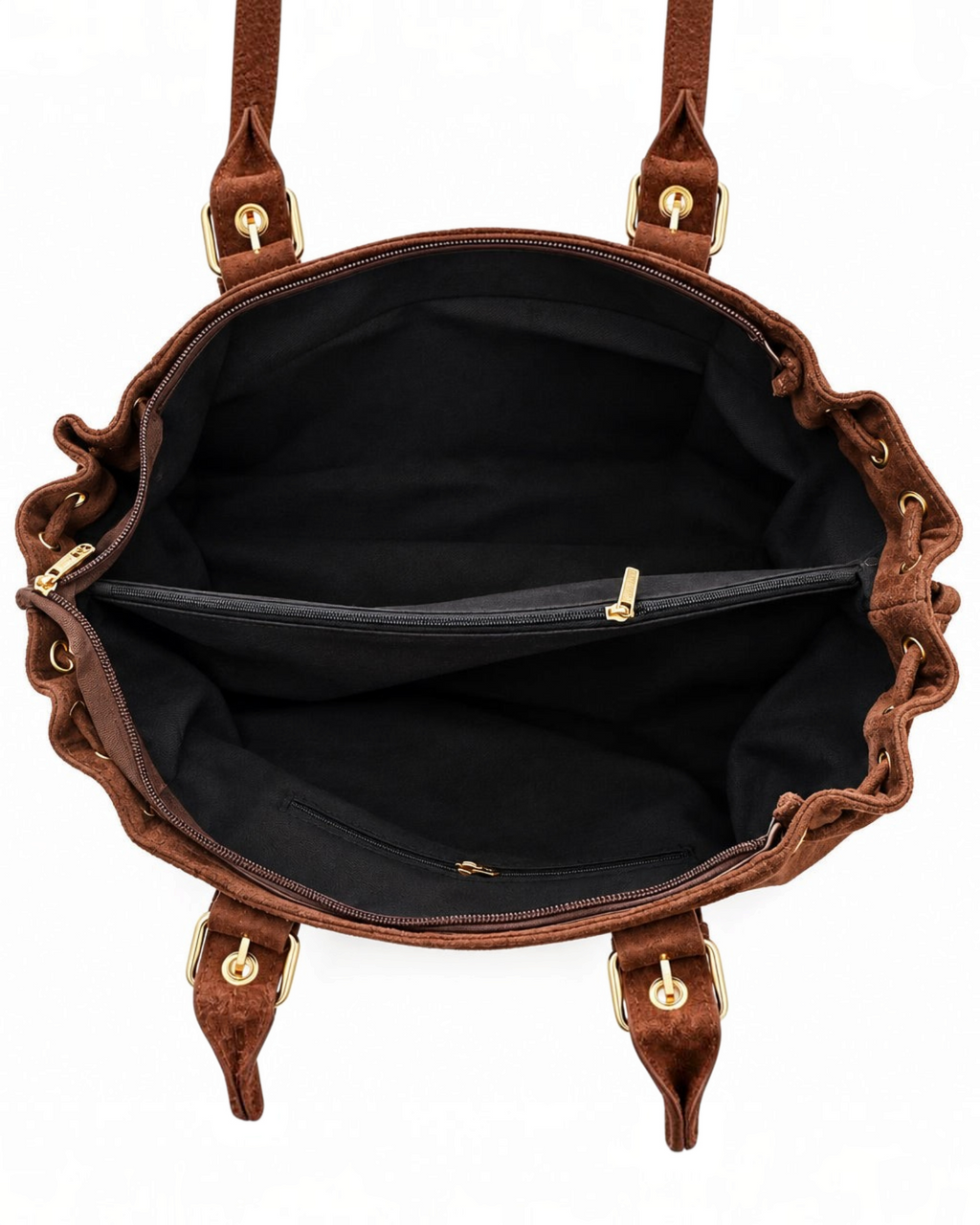 Vue intérieure du sac cabas BROCK GALLANTRY en suédine marron avec compartiment zippé et détails dorés