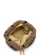 Pochette BROCK GALLANTRY en moumoute beige à pois marron avec intérieur doublé et chaîne dorée