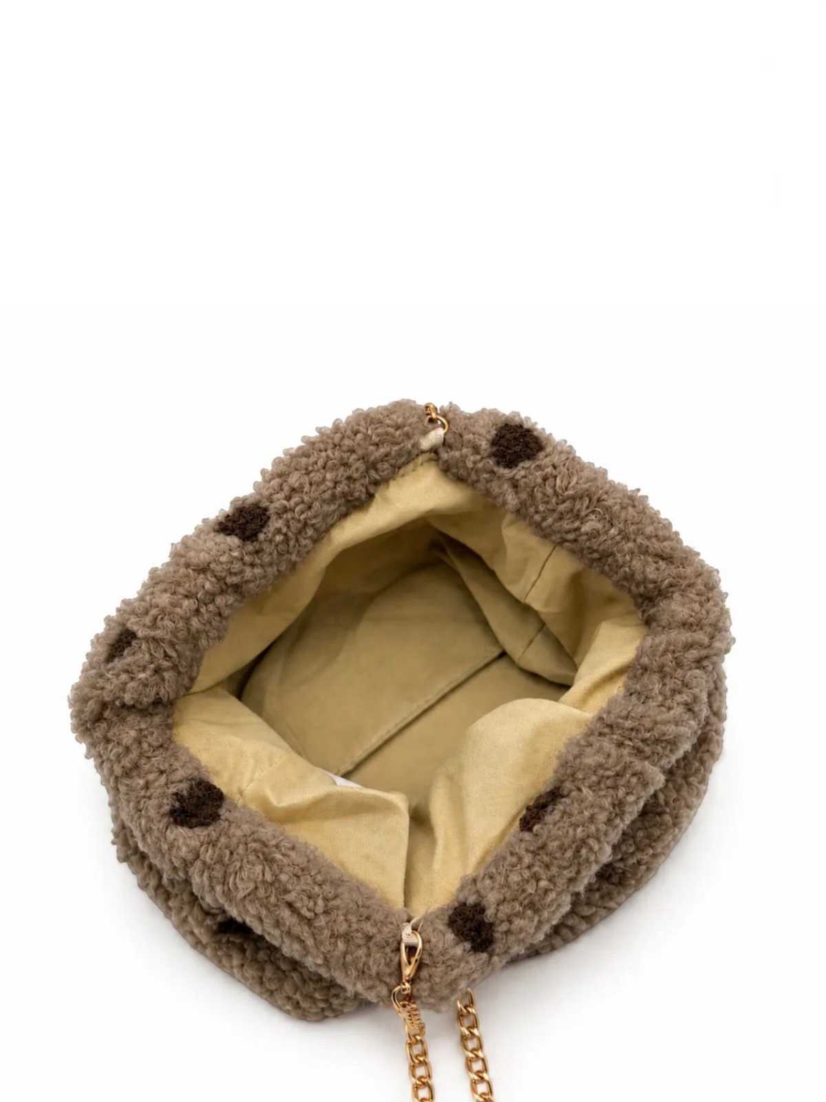 Pochette BROCK GALLANTRY en moumoute beige à pois marron avec intérieur doublé et chaîne dorée