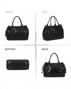Sac cabas noir BROCK GALLANTRY en similicuir brillant avec anses, boucles et œillets argentés, vues multiples.