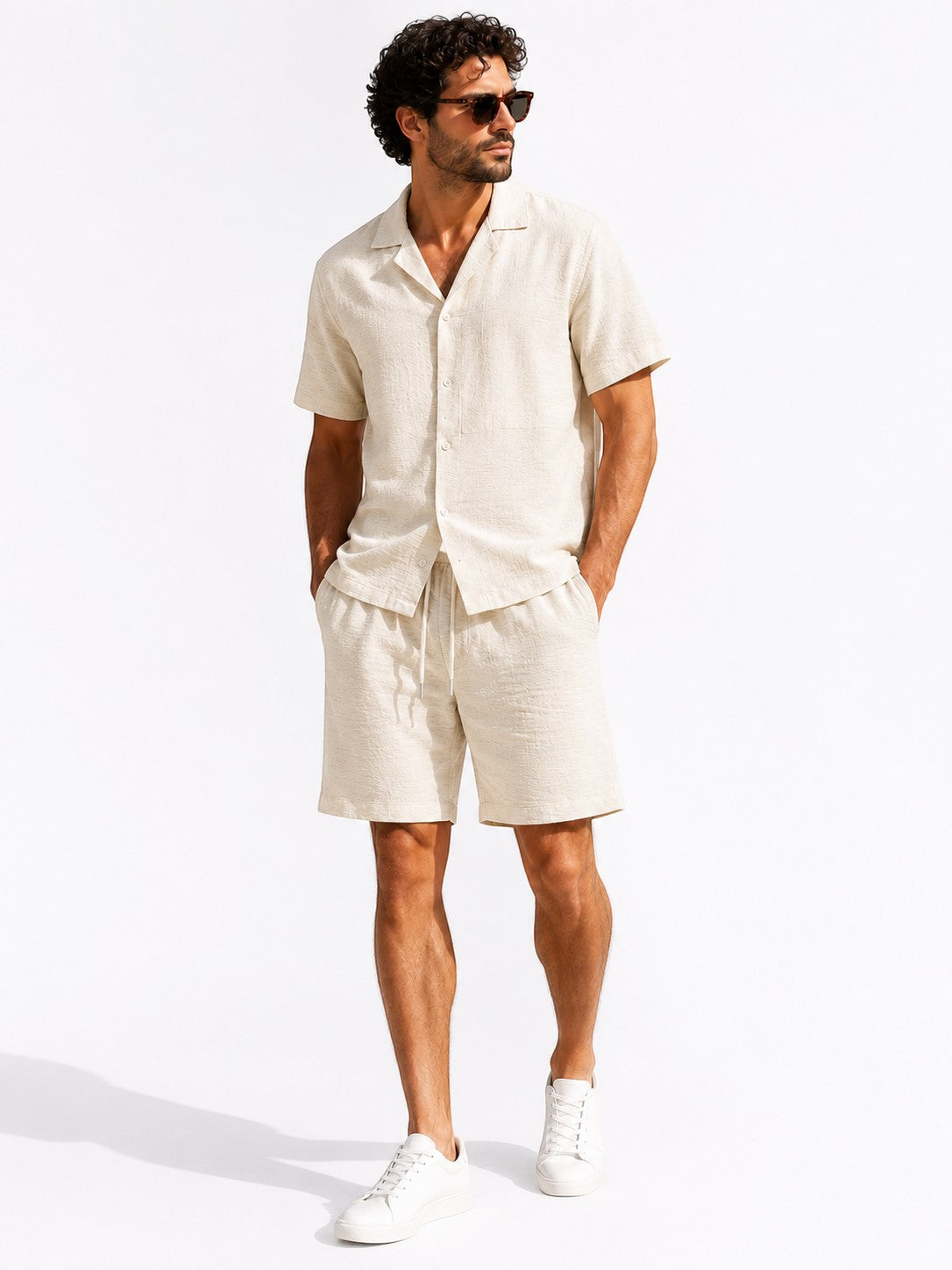 Ensemble chemise short décontracté beige marron — Frilivin