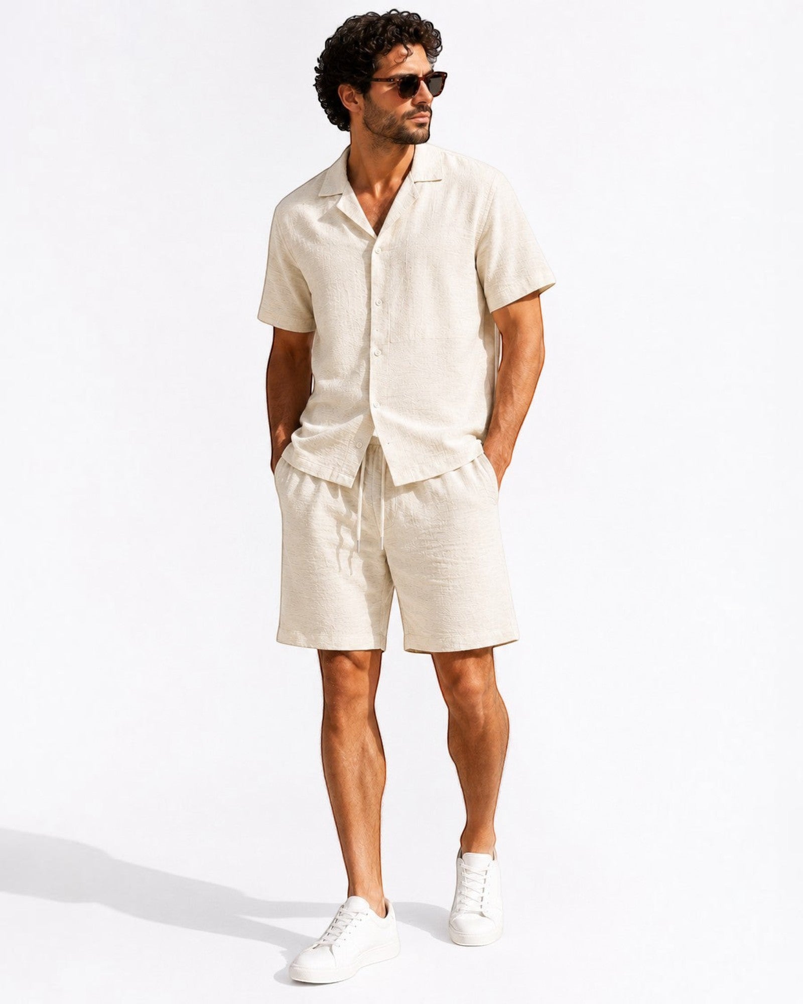 Ensemble chemise short décontracté beige marron — Frilivin