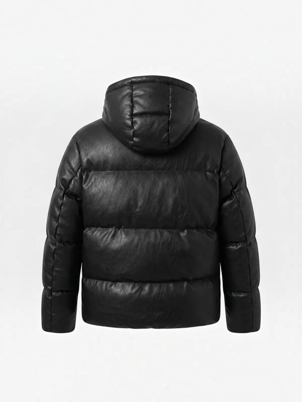 BROCK men's black faux leather puffer jacket with a hood, back view showing quilted design.