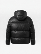BROCK men's black faux leather puffer jacket with a hood, back view showing quilted design.