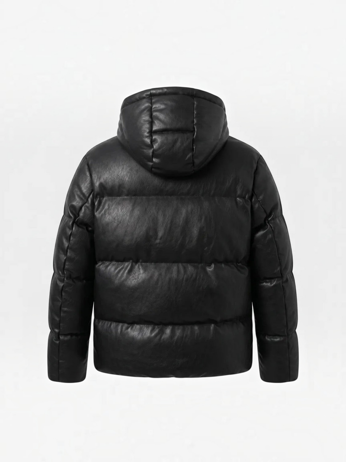 BROCK men's black faux leather puffer jacket with a hood, back view showing quilted design.