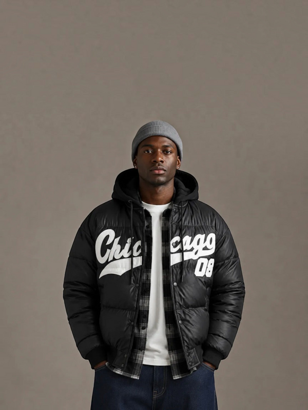 BROCK KZ DIFFUSION black puffer jacket with removable hood, Chicago graphic, and polyester padding on a male model.