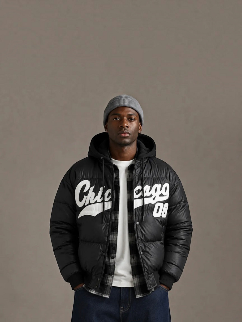 BROCK KZ DIFFUSION black puffer jacket with removable hood, Chicago graphic, and polyester padding on a male model.