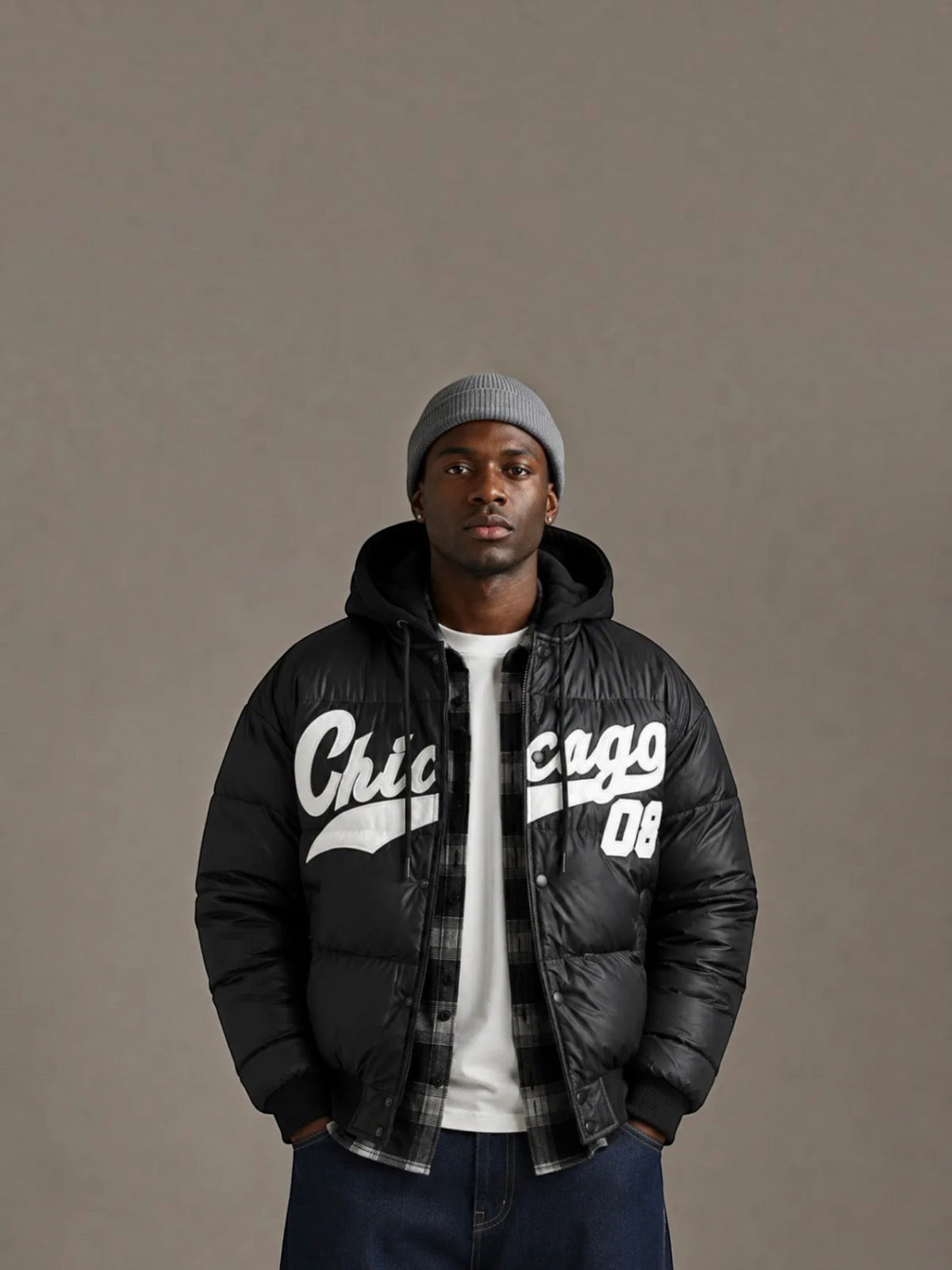 BROCK KZ DIFFUSION black puffer jacket with removable hood, Chicago graphic, and polyester padding on a male model.