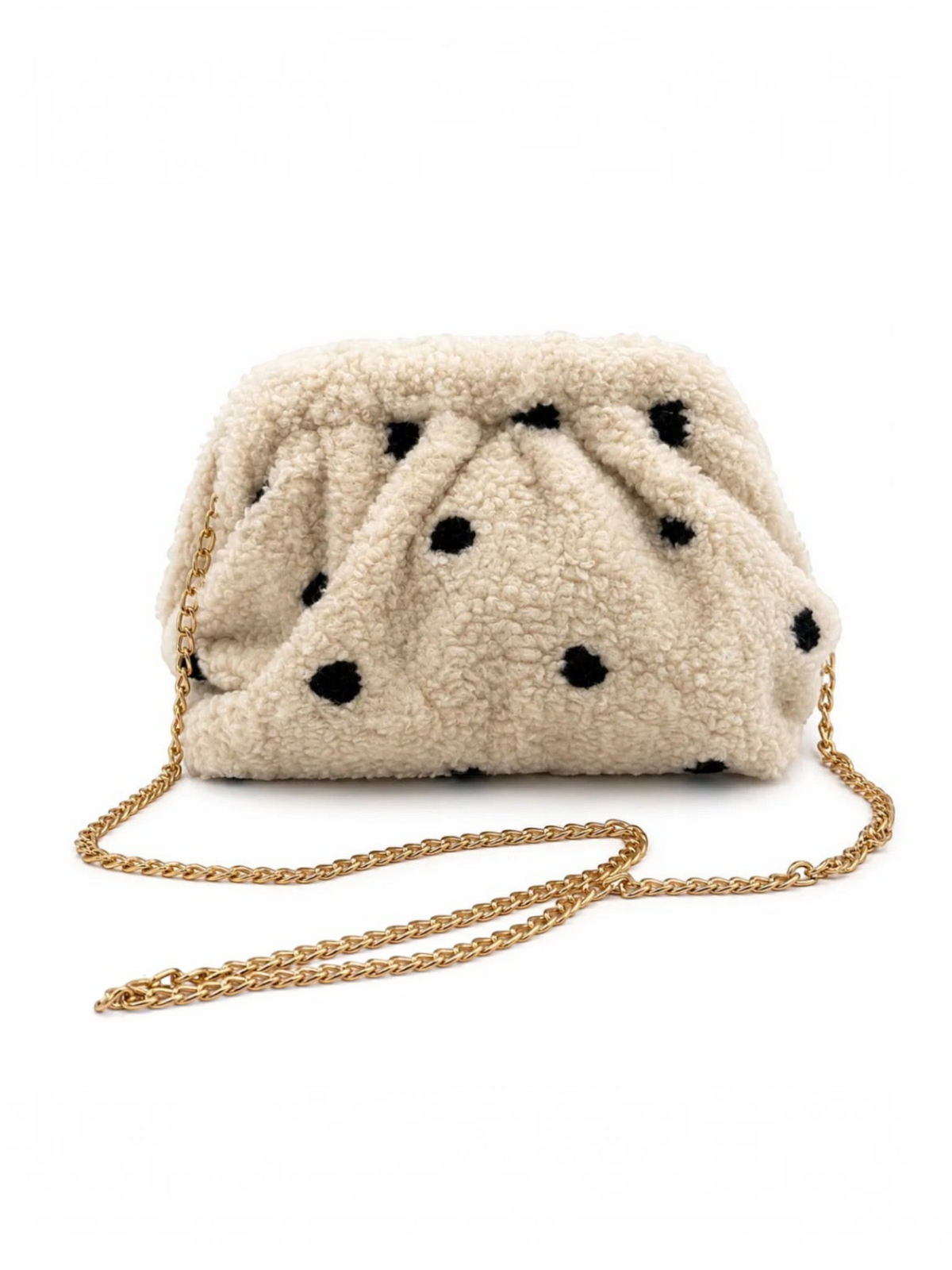 Pochette BROCK GALLANTRY en moumoute beige à pois marron avec chaîne dorée et fermeture clip arrondie